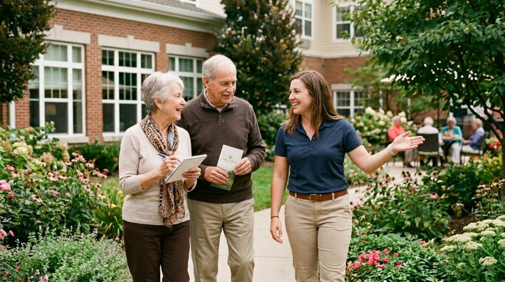 A senior adult and a staff member smile together while looking at a brochure during a tour of a Juniper Village personal care community common area.