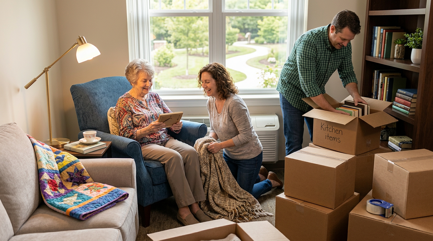 Adult children help their parent move into a memory care community.