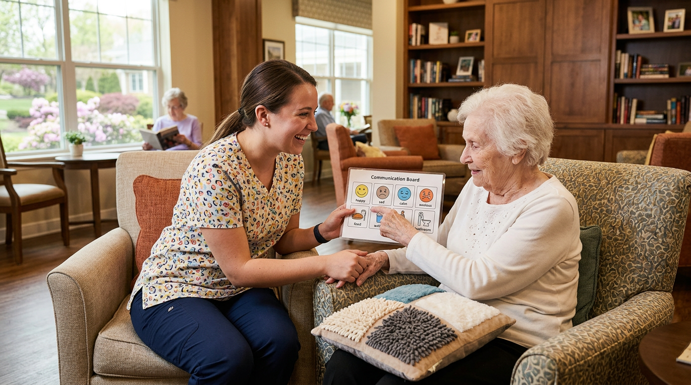 A caregiver helping an older adult communicate through signs.