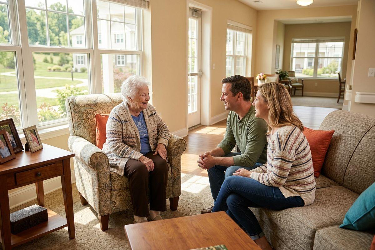 A senior in a personal care community and their visiting family members enjoy a moment in a bright, comfortable common room.
