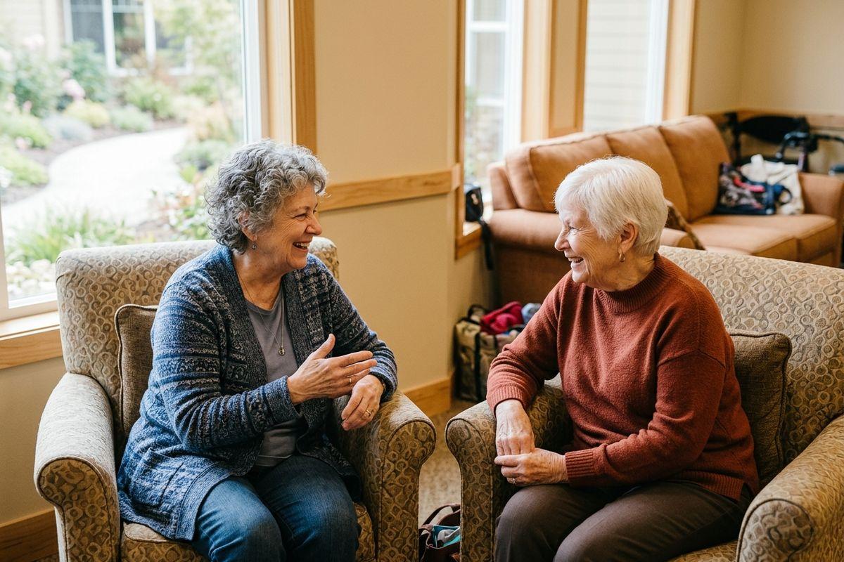 A pair of older adults sit together in a bright common room, experiencing social connection in a senior living community.