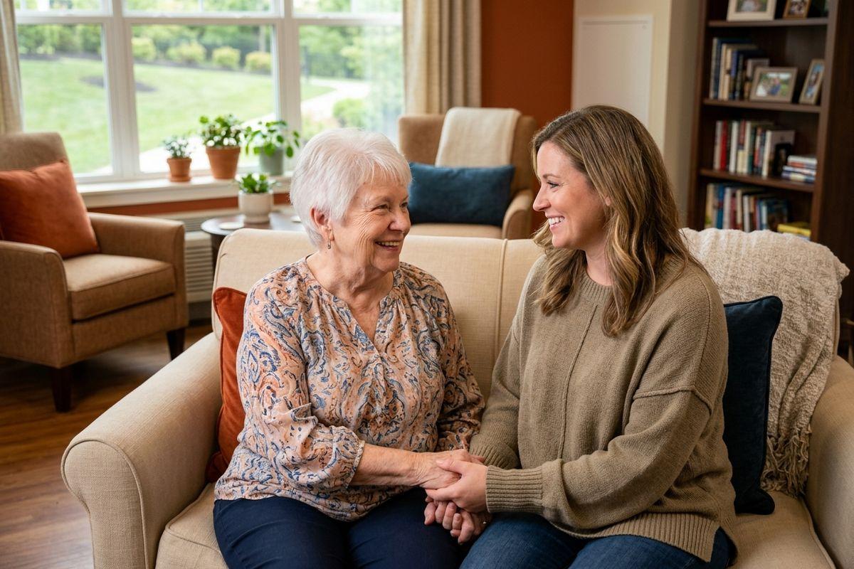 An older adult and a family member sit together on a couch, holding hands, getting comfortable during a visit to a memory care community.