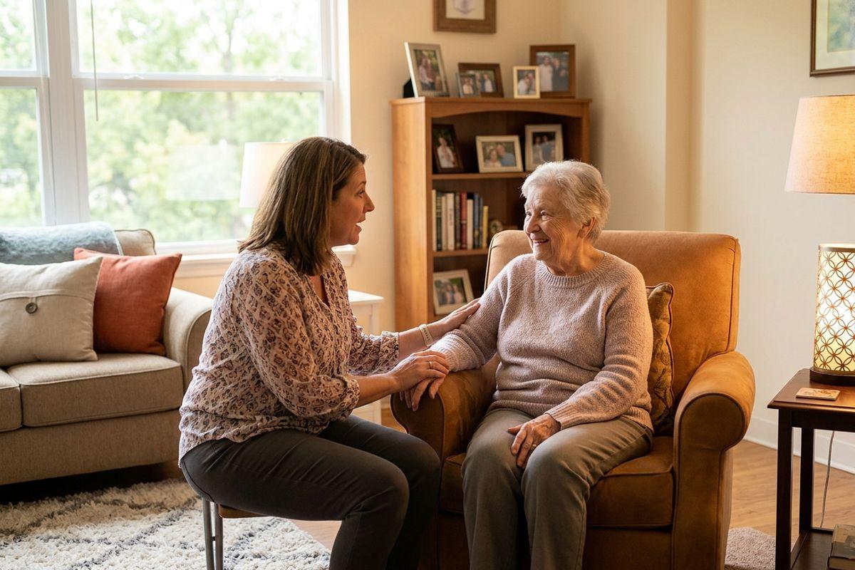 A family member sits with their older loved one in memory care, offering a comforting touch and checking in to review their needs.