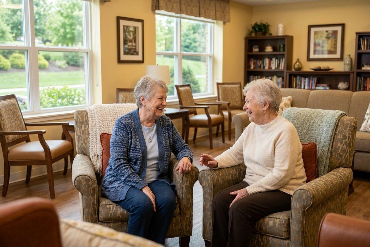 A pair of older adults share a laugh as they sit in armchairs in a senior living common area.