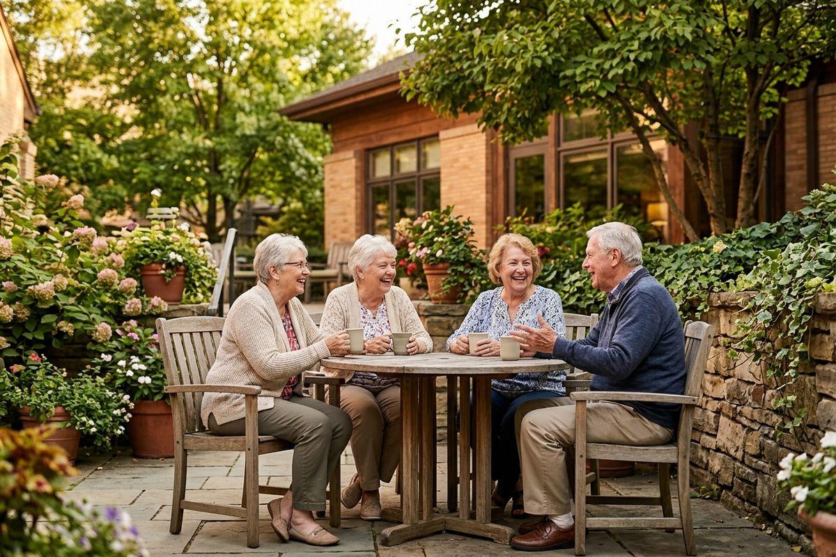 A group of smiling seniors sits around a wooden table on an outdoor patio surrounded by a lush garden in a senior community.