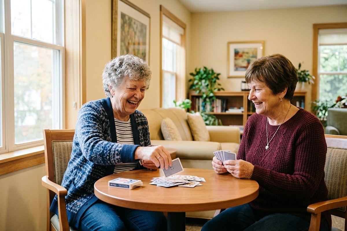 Two seniors laugh while playing cards at a small round table in a sunlit living room with a sofa and bookshelves.
