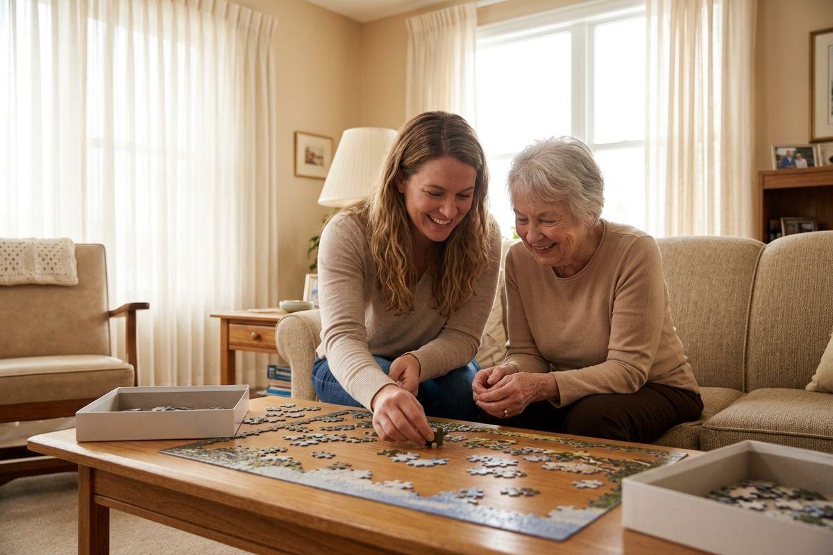 A senior and a younger woman sit on a sofa, smiling as they assemble a jigsaw puzzle on a wooden coffee table in a sunlit living room.